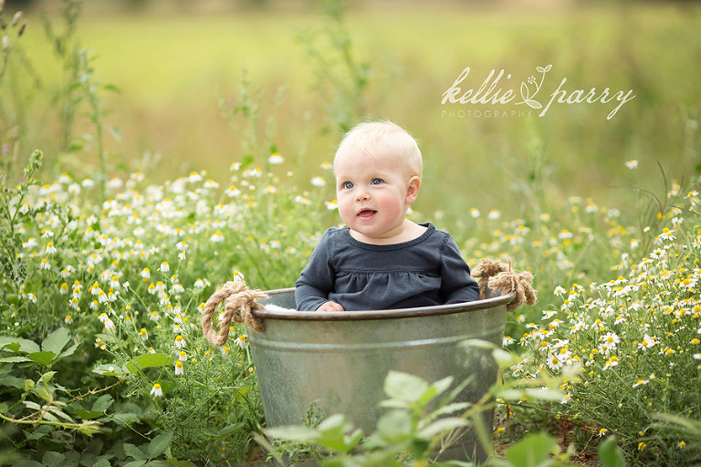 baby in a bucket in the daisies