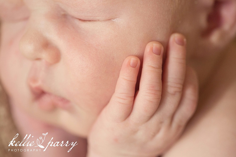 macro of newborn baby fingers on cheek