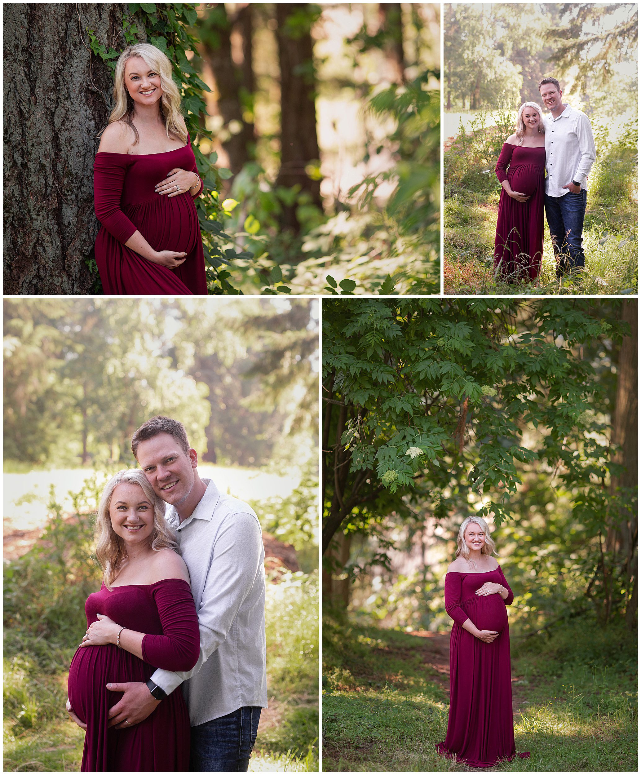 maternity photos with red gown and spouse