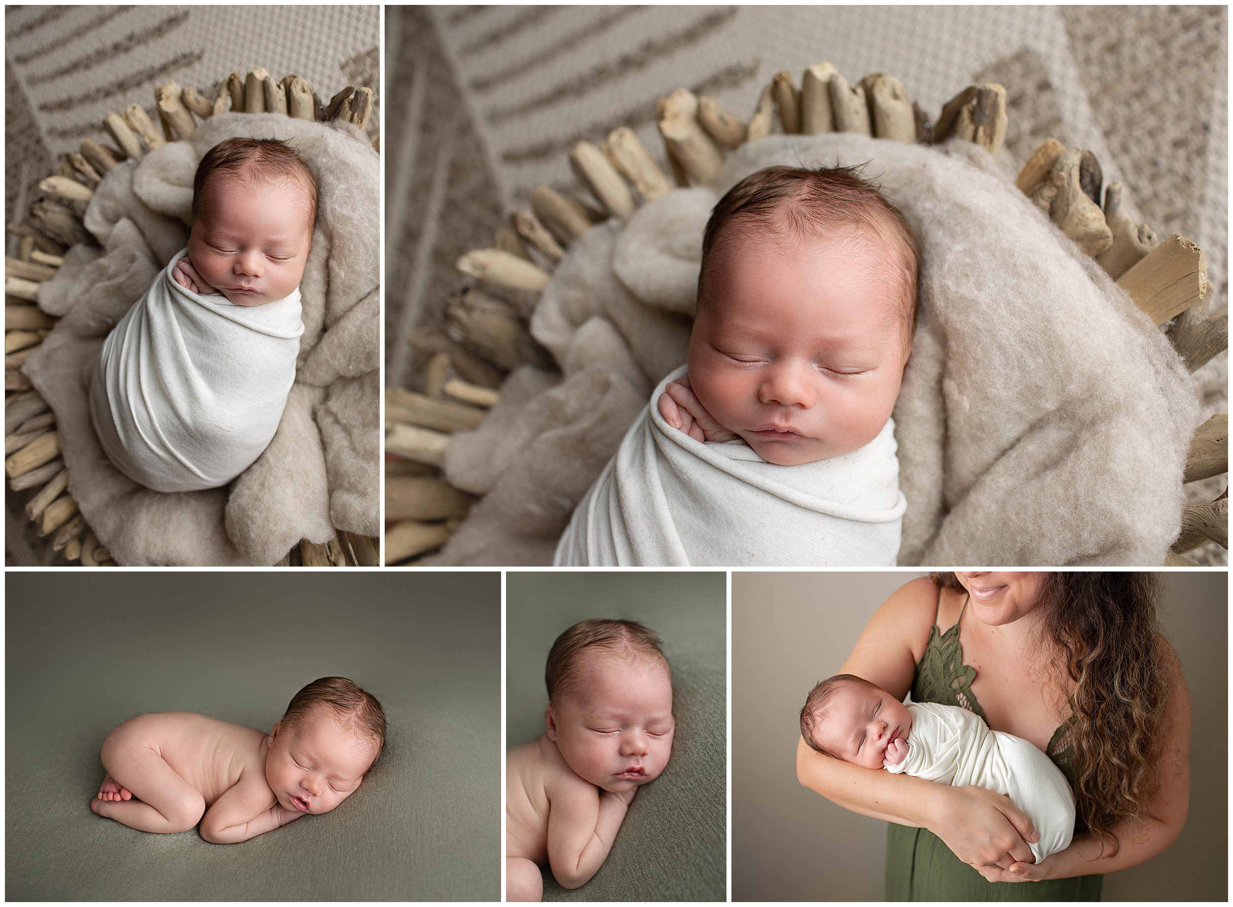 newborn baby boy in green and neutrals
