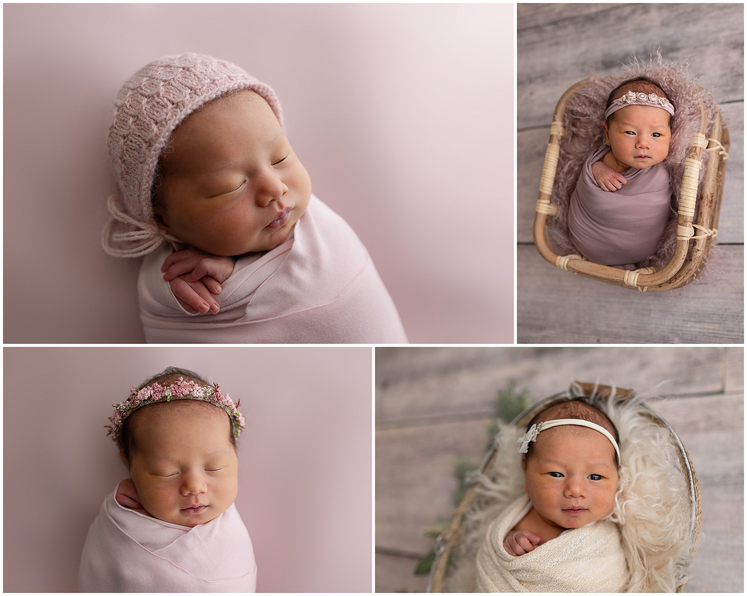 newborn baby girl portraits in pink, lavender, and cream