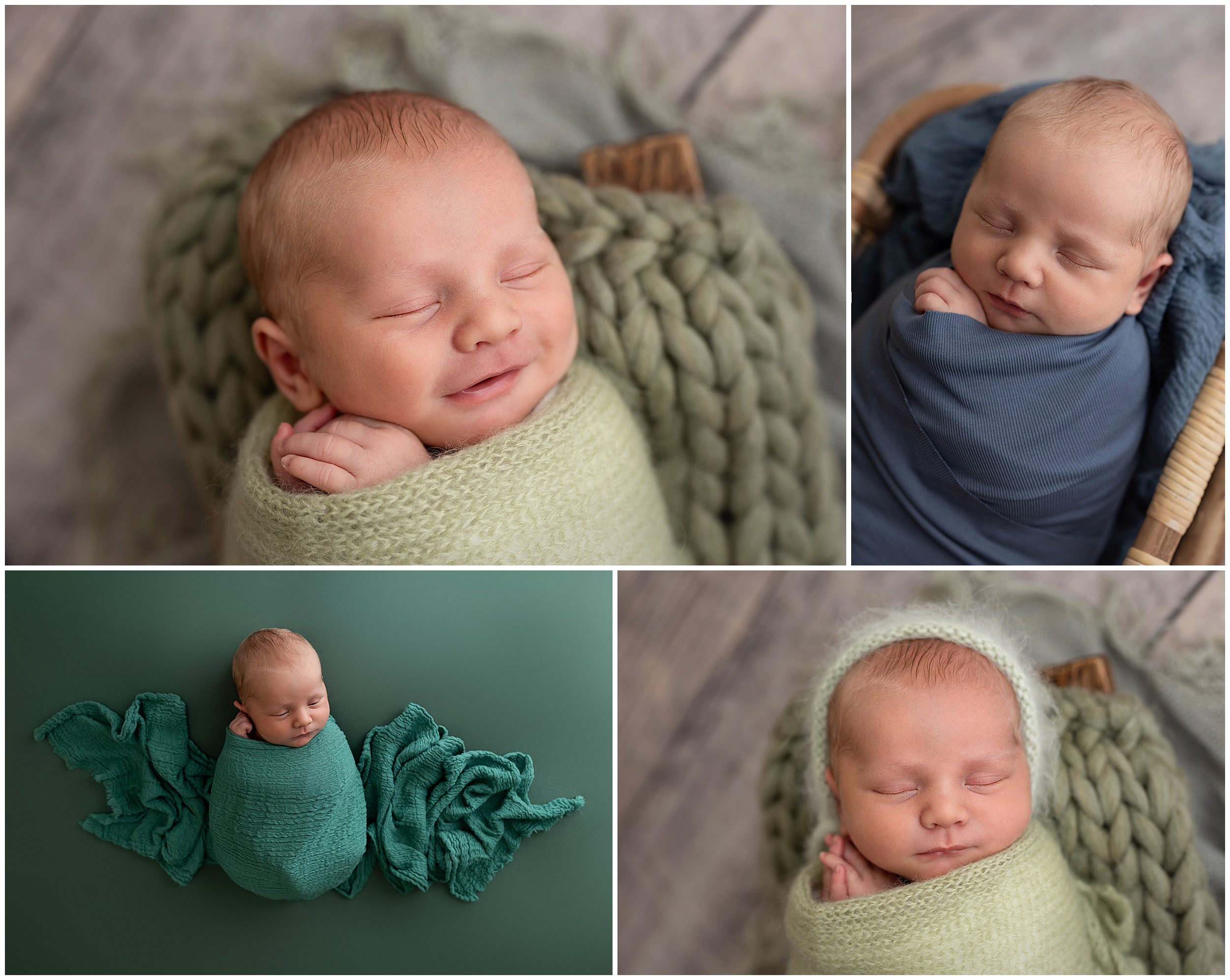 newborn baby boy portraits in dark blue, light green, and teal
