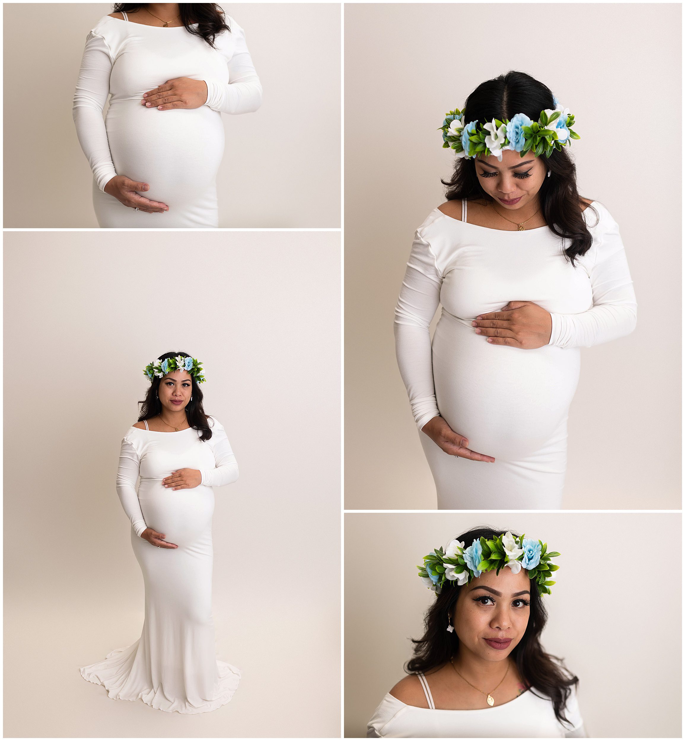 studio maternity photo session in white