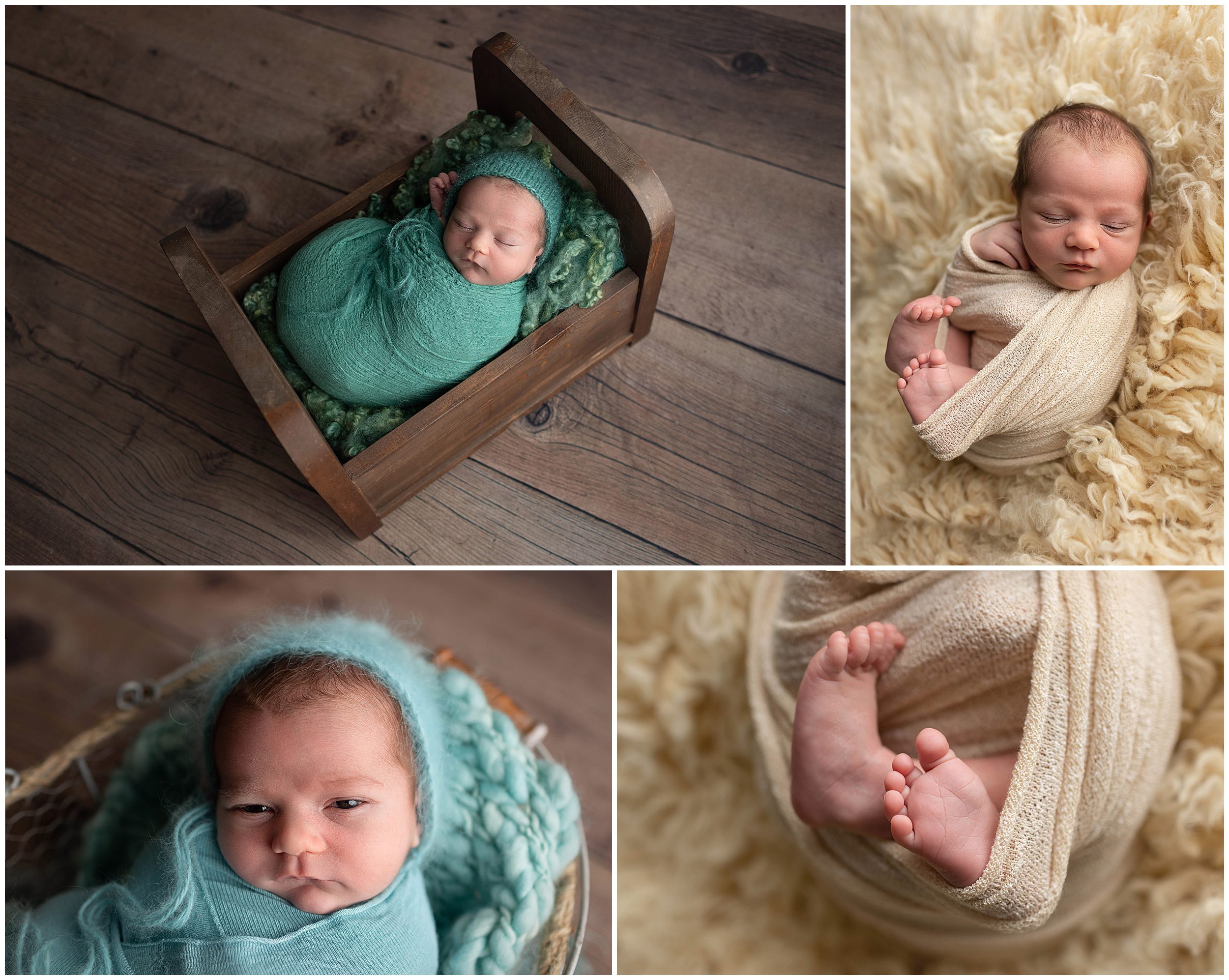 newborn baby boy in turquoise and cream