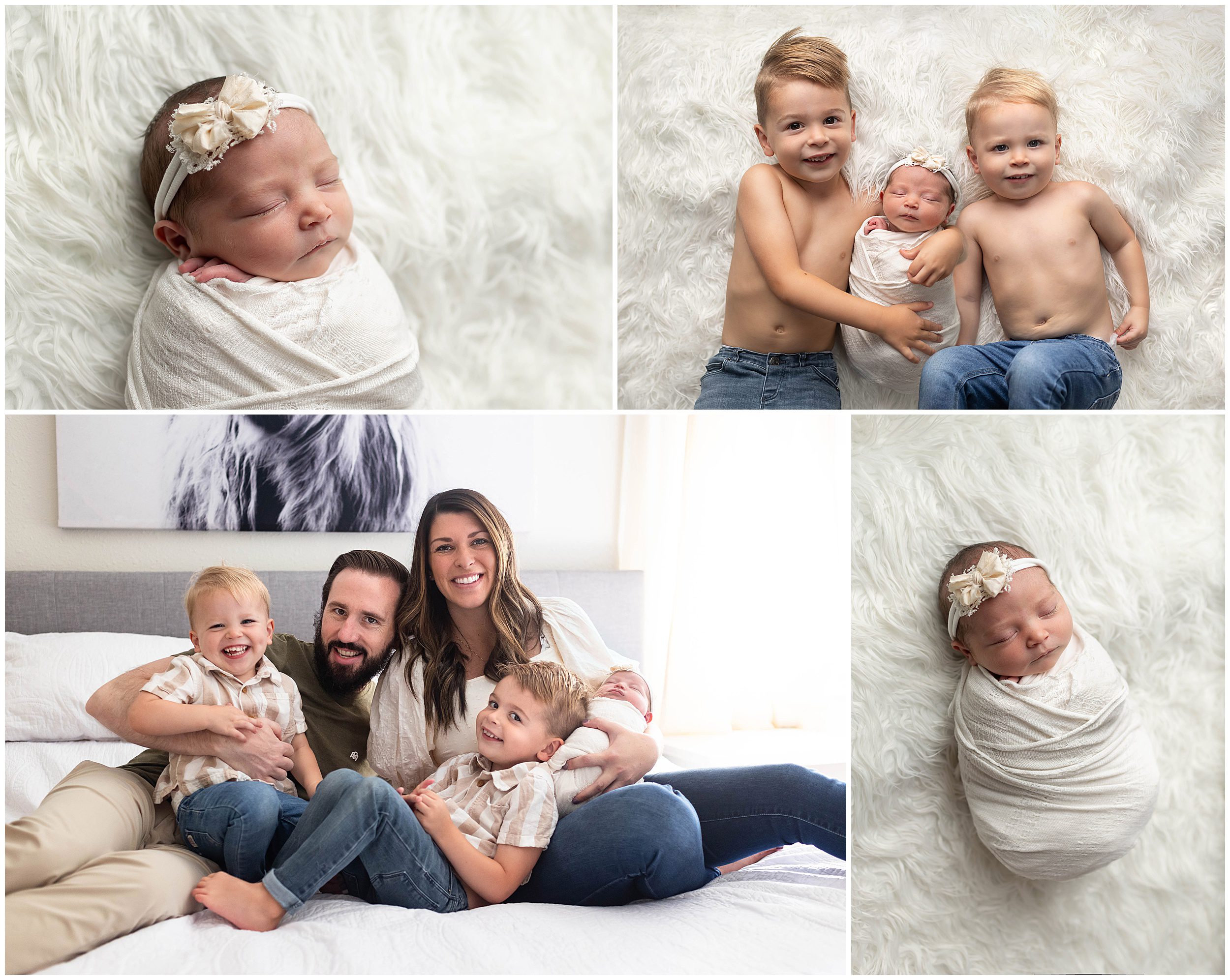 family portraits with newborn on bed
