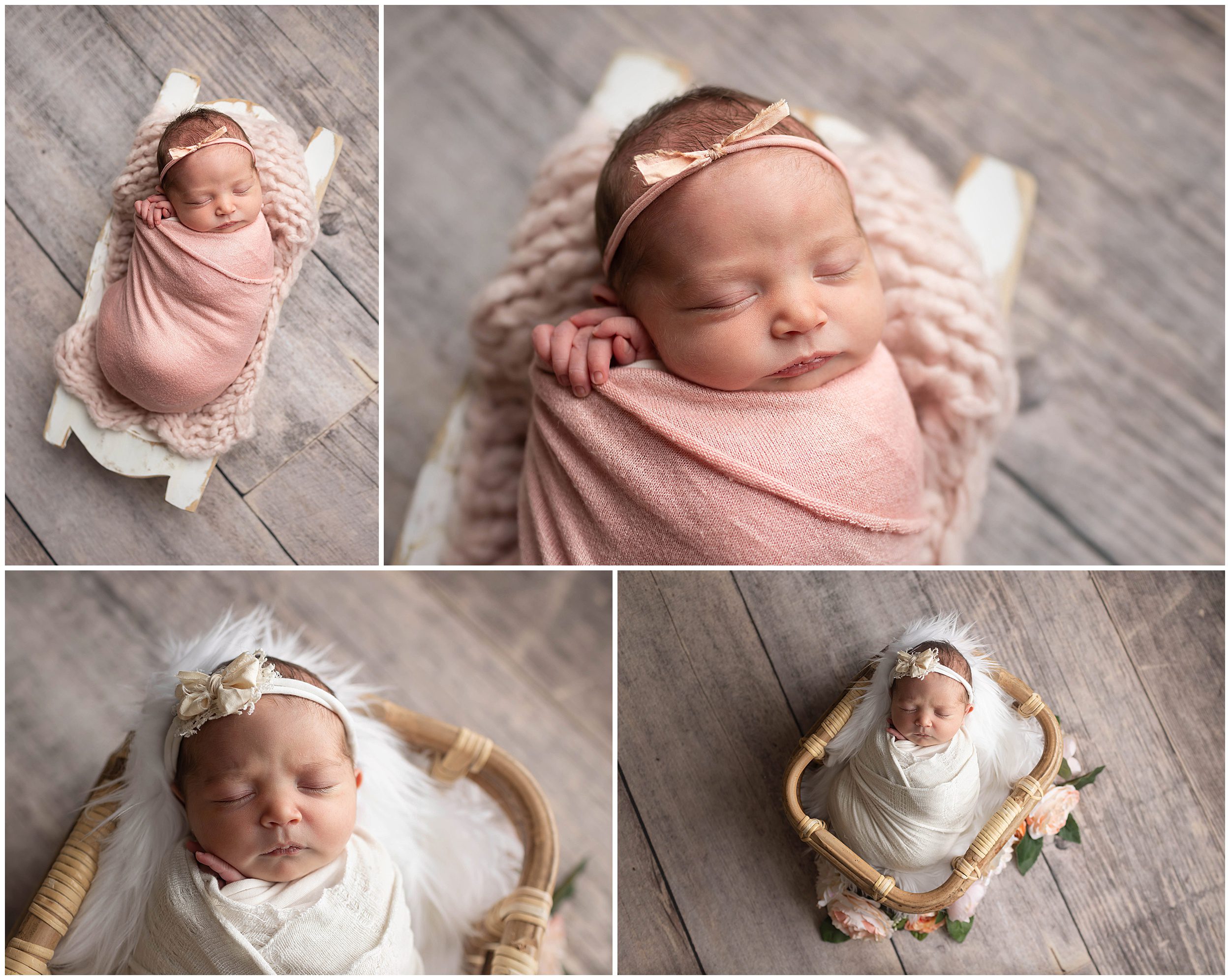 newborn baby girl in pink and white with flowers