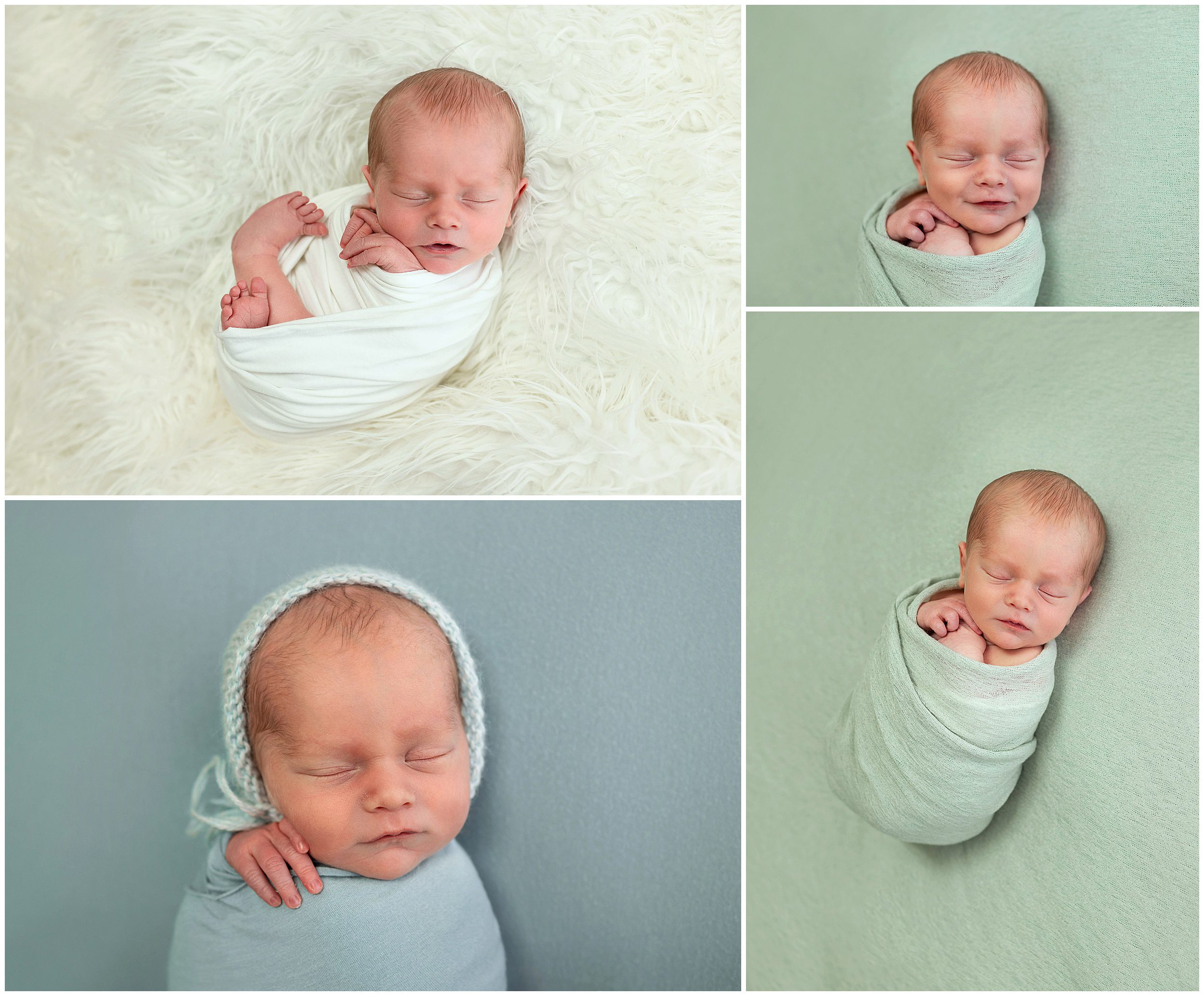 newborn boy portraits on green blue and white