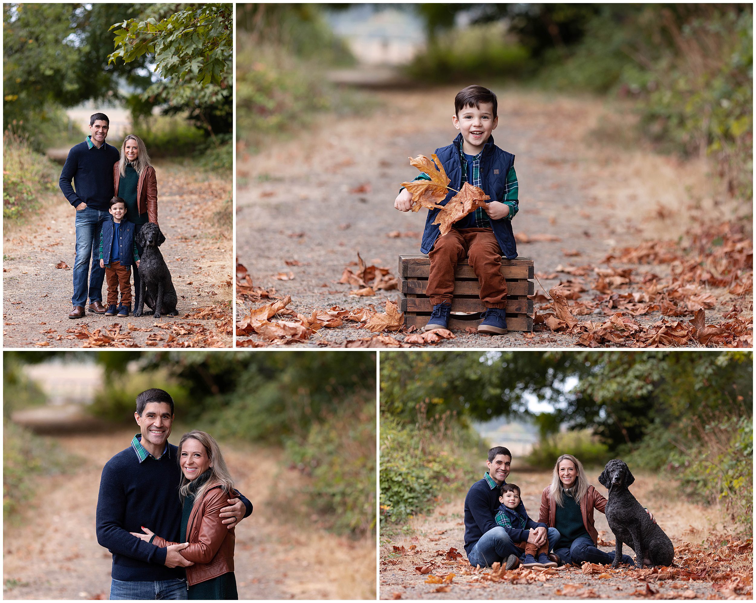 Family of 3 fall photos with a dog outside