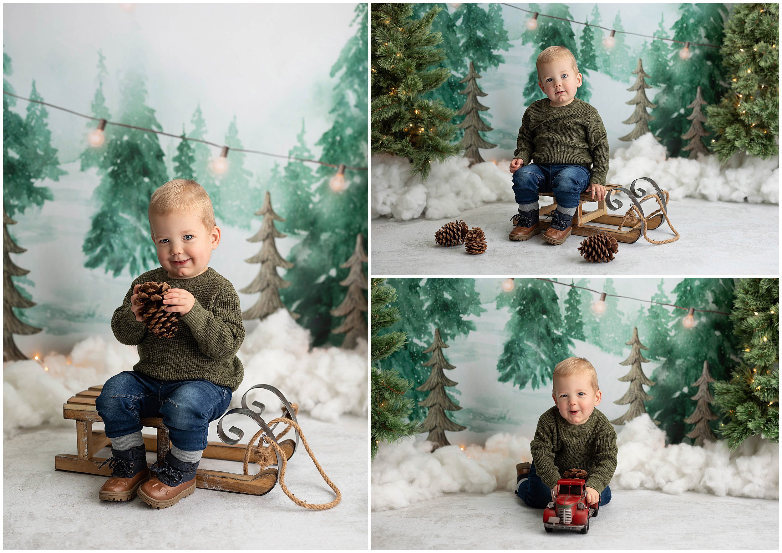 Young boy portrait with fake trees and snow in studio