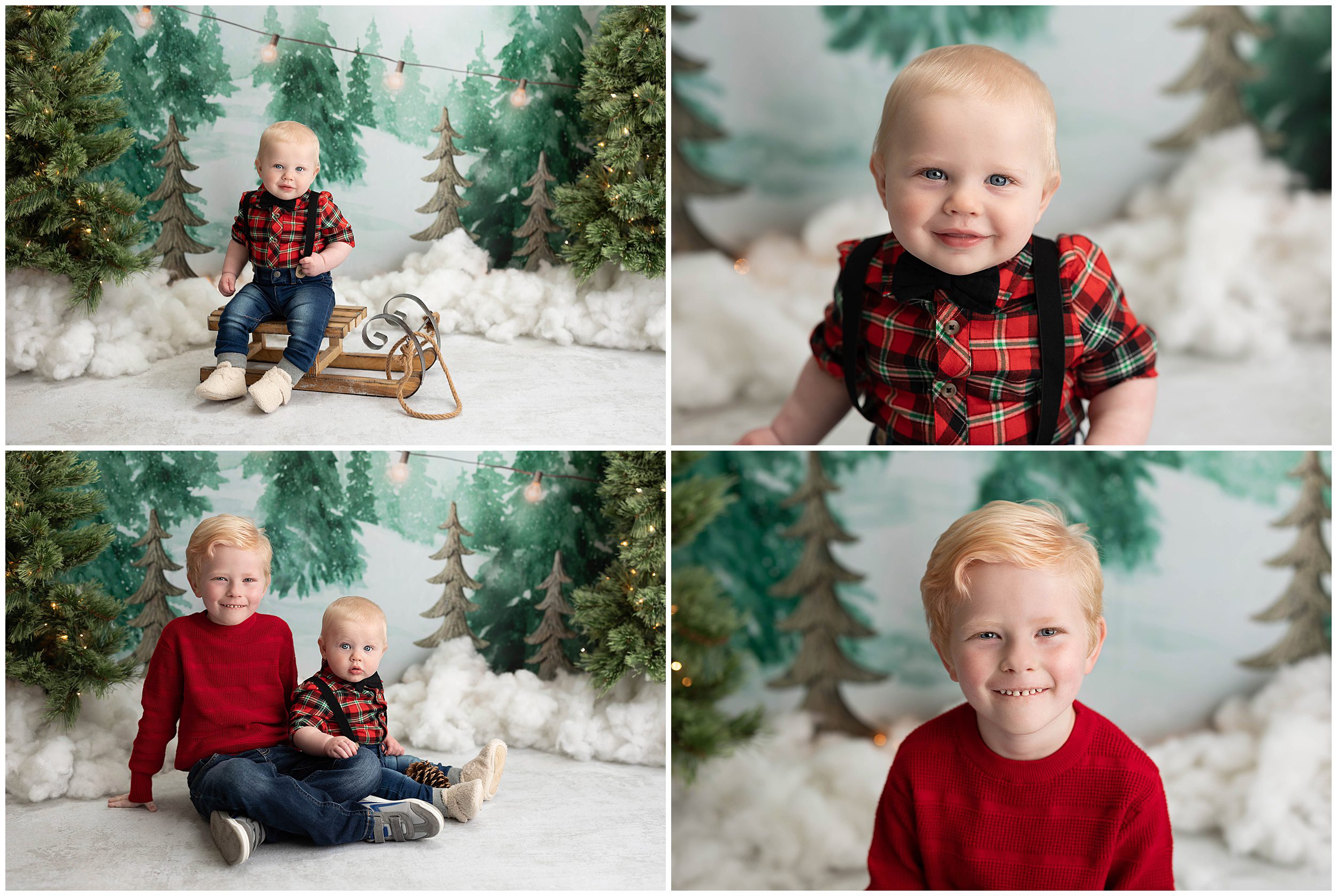 Christmas photos of brothers with fake snow and trees in studio