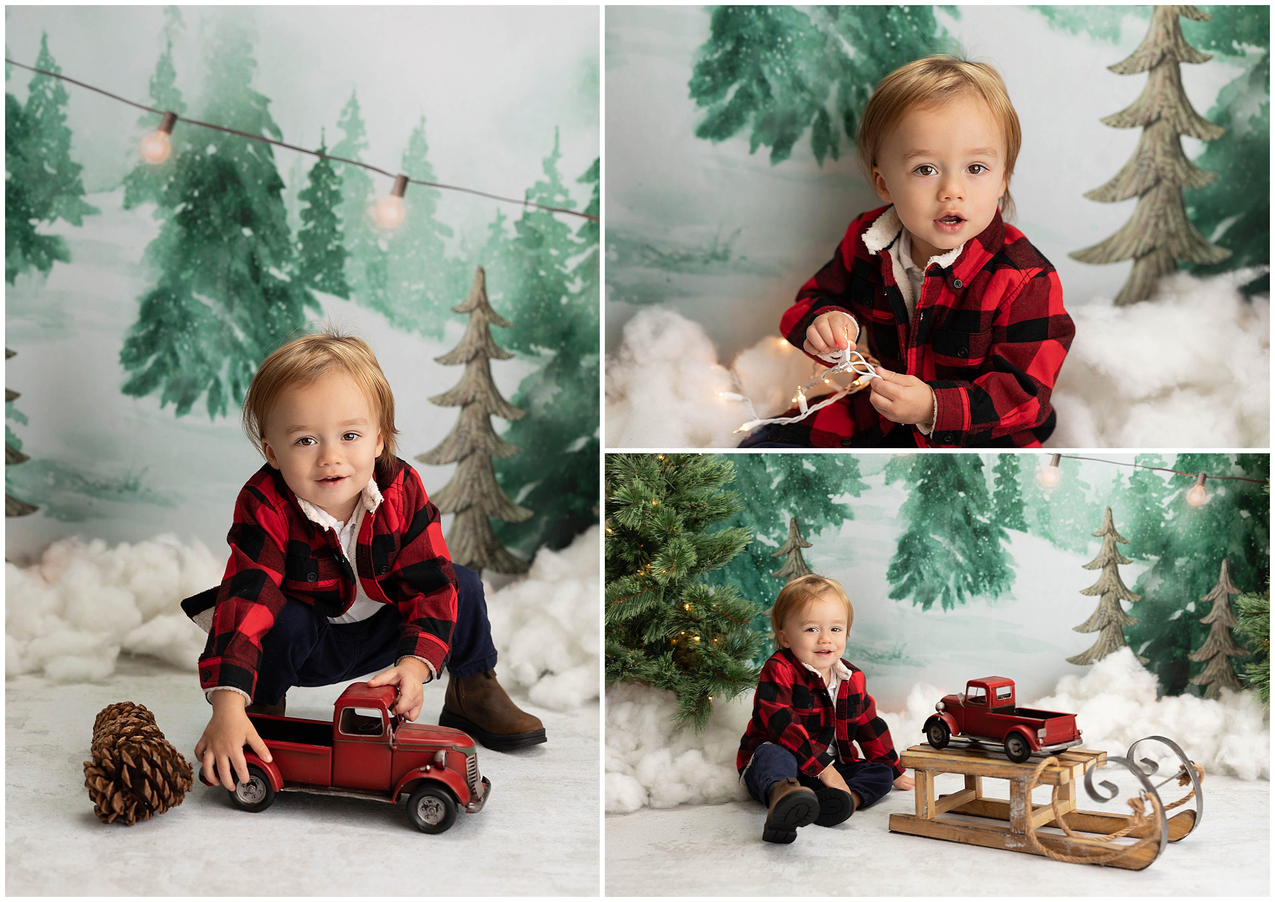 Christmas photo of boy in red flannel shirt with sled and firetruck